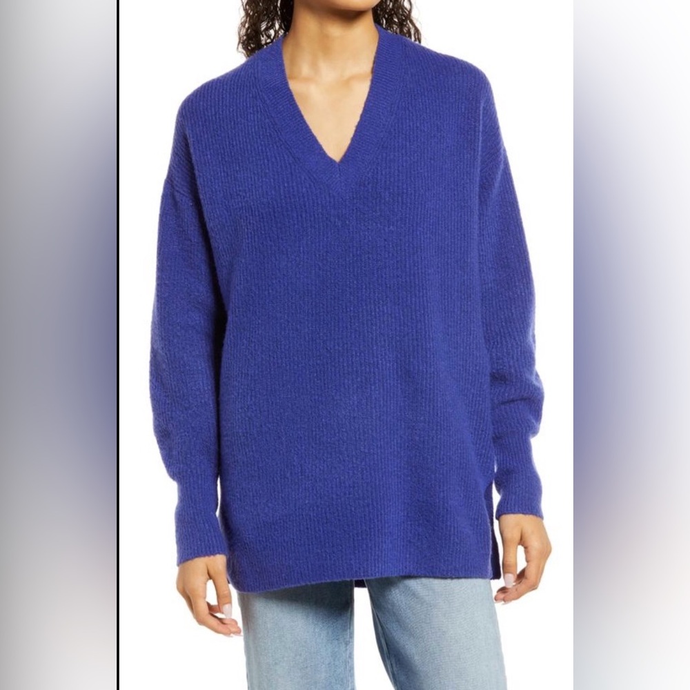 Halogen | Women's V-Neck Indigo Oversized Sweater | sz L | Excellent Condition